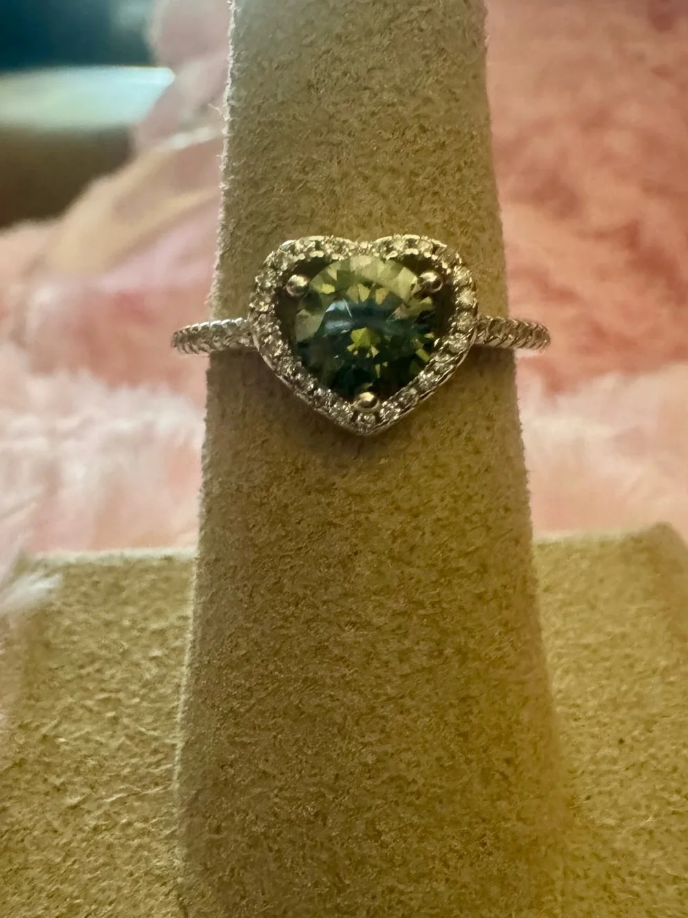 Moissanite Heart Halo Ring with Green Center Stone - Women Jewelry